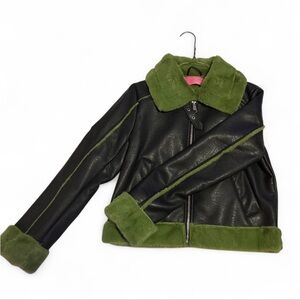 AZALEA WANG Vegan Leather with green faux fur trim Jacket